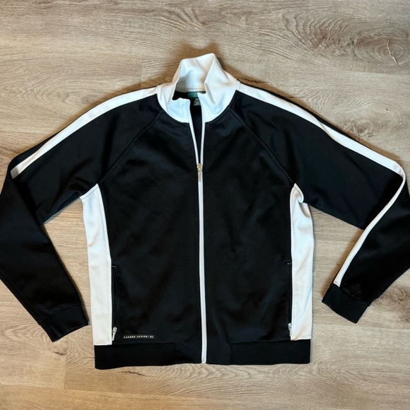 Lauren Ralph Lauren Jackets & Blazers - Ralph Lauren Track Jacket Women’s Medium Cotton White Black Full Zip Logo Stripe